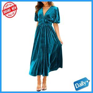 Velvet Midi Dress Puff Sleeve Deep V Neck High Waist A-Line Casual Formal